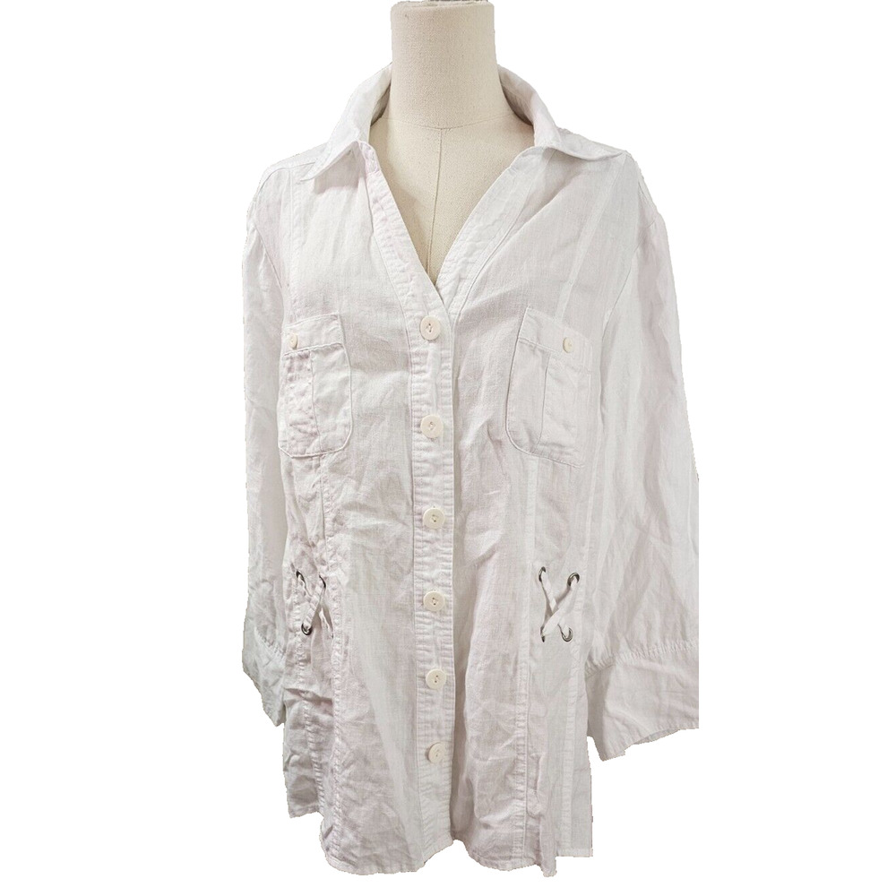 Sara Isabella Top‎ White Sz 2X 100% Linen Long Lagenlook Tunic Long Sleeve